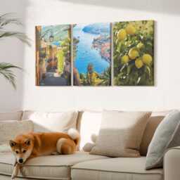 Canvas Art Set Of 3 - Picturesque Seaside Streets With A View The Sea & Lemons, Yellow Wall Art, Landscapes Hanging Piece - thumbnail 2