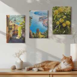 Canvas Art Set Of 3 - Picturesque Seaside Streets With A View The Sea & Lemons, Yellow Wall Art, Landscapes Hanging Piece