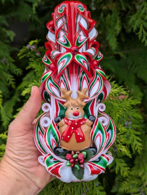 xlarge Colorful & Unique Hand Carved Candle With Deer - Red Christmas Perfect Gift & Decor - image 1