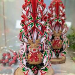 xlarge Colorful & Unique Hand Carved Candle With Deer - Red Christmas Perfect Gift & Decor - thumbnail 2