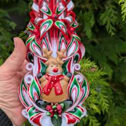 xlarge Colorful & Unique Hand Carved Candle With Deer - Red Christmas Perfect Gift & Decor - thumbnail 3