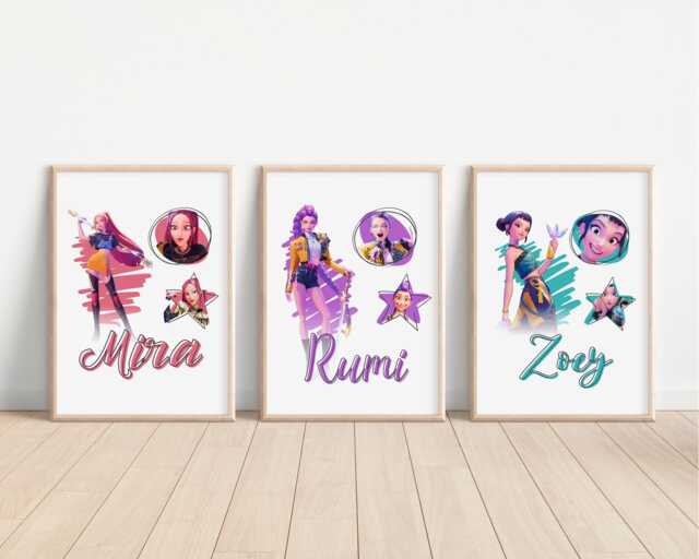 Set Of 3 Kpop Demon Hunters Prints, Personalised Kid Nursery Wall Art, Rumi Mira Zoey Decor - image 1