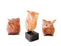 Set Of Three Ancient Greek Decorative Owls, Terracotta Owls , Brown Owl Design