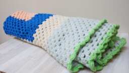 Crochet Lap Cover, Square Chair Throw, Mini Plaid Pet Blanket in White Green Blue Pink, Handmade Ooak Knitting Chunky