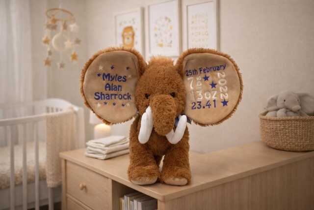Personalised Cubbies Mammoth, Custom Embroidered Animal, Unique Baby Gift, Birth Announcement, Plush Soft Toy Keepsake For Kid, Personalized - image 1