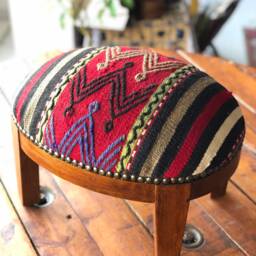 Kilim Ottoman Footstool, Vintage Beech Wood Stool - thumbnail 3