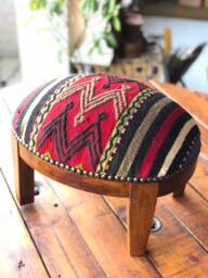 Kilim Ottoman Footstool, Vintage Beech Wood Stool