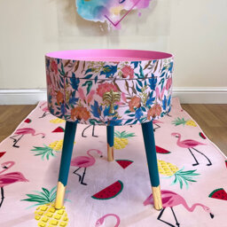 Pink & Green Floral Wooden Round Side Table With Leaf Flower Design. Inbuilt Drawer Three Legs Gold Painted Palm Tree Handle