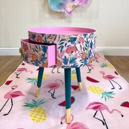 Pink & Green Floral Wooden Round Side Table With Leaf Flower Design. Inbuilt Drawer Three Legs Gold Painted Palm Tree Handle - thumbnail 2