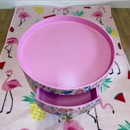 Pink & Green Floral Wooden Round Side Table With Leaf Flower Design. Inbuilt Drawer Three Legs Gold Painted Palm Tree Handle - thumbnail 4