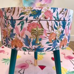Pink & Green Floral Wooden Round Side Table With Leaf Flower Design. Inbuilt Drawer Three Legs Gold Painted Palm Tree Handle - thumbnail 3