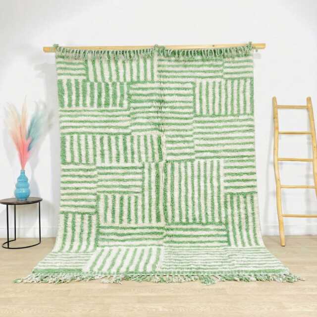 Moroccan Green Berber Rug, Handwoven Wool Shag Rug With Rectangular Block Pattern, Authentic Beni Ourain Style Carpet, Large 9x12 Area - image 1