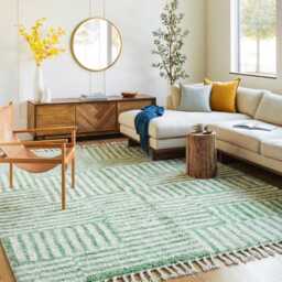 Moroccan Green Berber Rug, Handwoven Wool Shag Rug With Rectangular Block Pattern, Authentic Beni Ourain Style Carpet, Large 9x12 Area - thumbnail 3