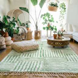 Moroccan Green Berber Rug, Handwoven Wool Shag Rug With Rectangular Block Pattern, Authentic Beni Ourain Style Carpet, Large 9x12 Area - thumbnail 2
