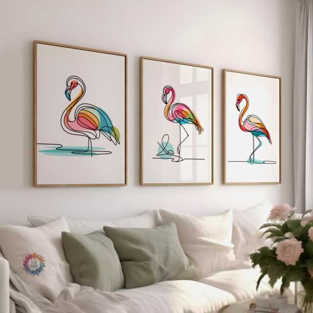 Flamingo Line Art Decor Set - 3 Minimalist Designs - Flamingos Wall Print Beach House Prints Colourful Modern Artwork Posters - image 1