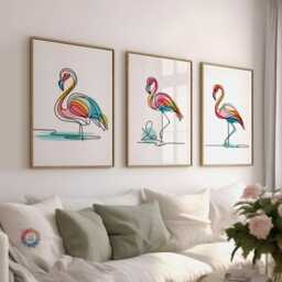 Flamingo Line Art Decor Set - 3 Minimalist Designs - Flamingos Wall Print Beach House Prints Colourful Modern Artwork Posters - thumbnail 1