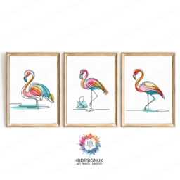 Flamingo Line Art Decor Set - 3 Minimalist Designs - Flamingos Wall Print Beach House Prints Colourful Modern Artwork Posters - thumbnail 2