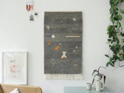 Random Shapes Gray - Handwoven Woolen Rug Wall Textile Weaving Recycled Wool Modern Kilim Tapestry Tartaruga - thumbnail 1