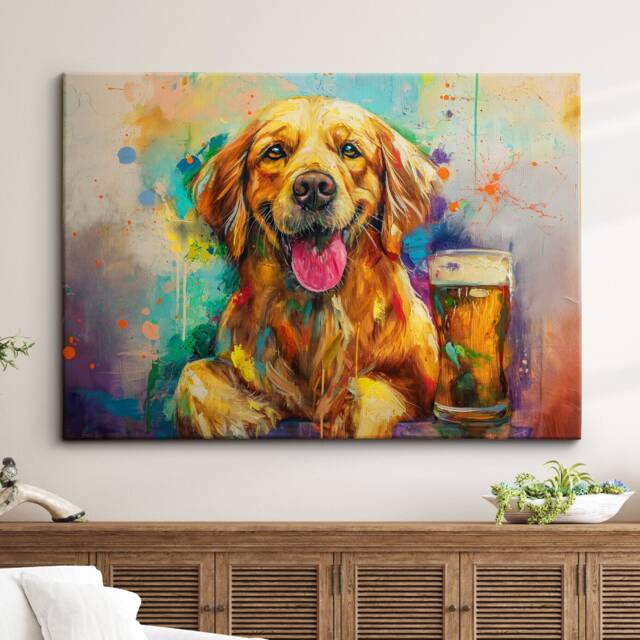 Golden Retriever Beer Glass Painting Framed Poster Print & Canvas Wall Decor Art Bar Kitchen Room Dog Gift Idea Pet - image 1