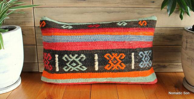 3050cm - 1220In Rectangle Vintage Kilim Cushion Cover Handwoven - Black Orange Pale Blue Soft Red - image 1