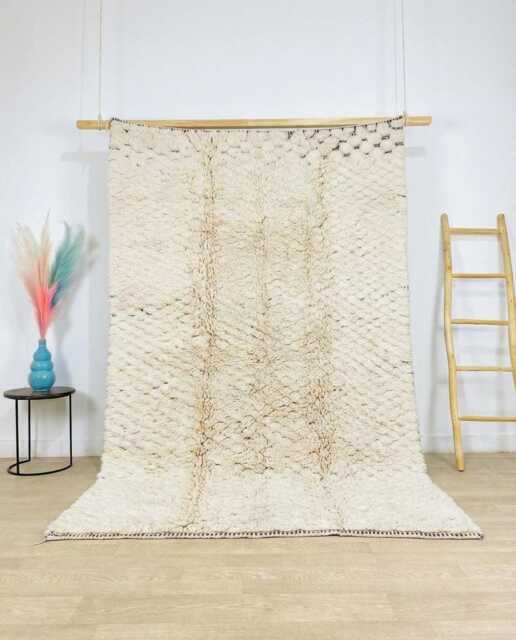 White Moroccan Rug Beni Ourain Shag - Large Area Handmade Textured Diamond Wool Carpet Minimalist Cream Plush Floor Art