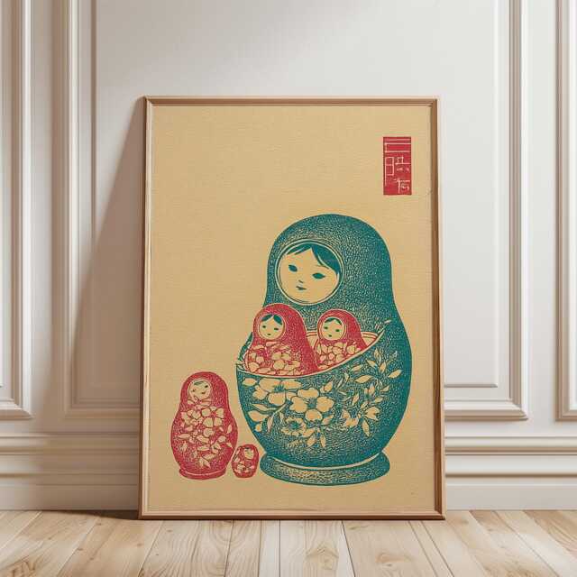 Green Matryoshka Doll Poster - Vintage Nesting Folk Illustration Art - image 1