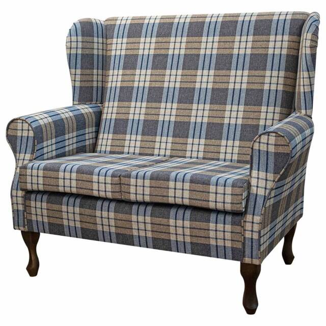 Handmade Blue Tartan Wingback Sofa Chambray Plaid Chair, British Made - image 1