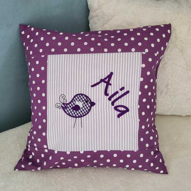 Embroidered Cushion Bird + Name //Lilac// 40x40 cm Pillowcase Gift Cuddly Cushion Snuggle Personalized - image 1