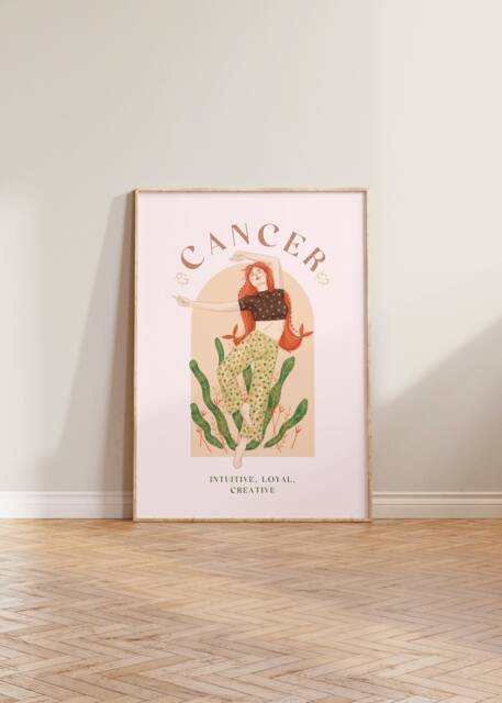 Cancer Print, Poster, Zodiac Gift, Astrology Star Sign Wall Art, Gift For Her, Pink - image 1