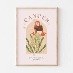 Cancer Print, Poster, Zodiac Gift, Astrology Star Sign Wall Art, Gift For Her, Pink - thumbnail 3