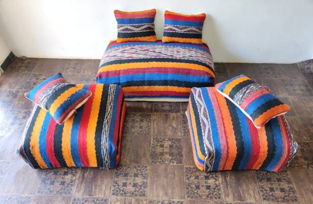 Moroccan Floor Couch Set Of 3 Vintage Floor Pouf & 4 Pillows Stuffed Pillow, Pillows, Large Boho Sofa - image 1