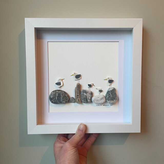 Seagull Wall Art - Framed Pebble Picture Bird Family Handmade in Cornwall - image 1