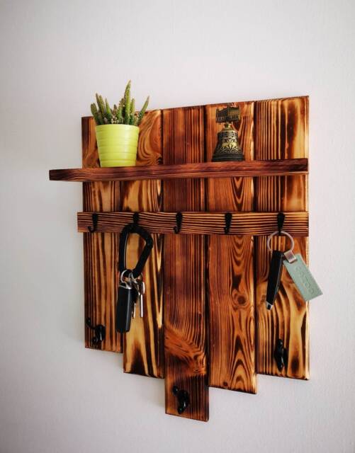 Wooden Key Holder With Shelf, Entryway Organiser, Metal Hooks - image 1
