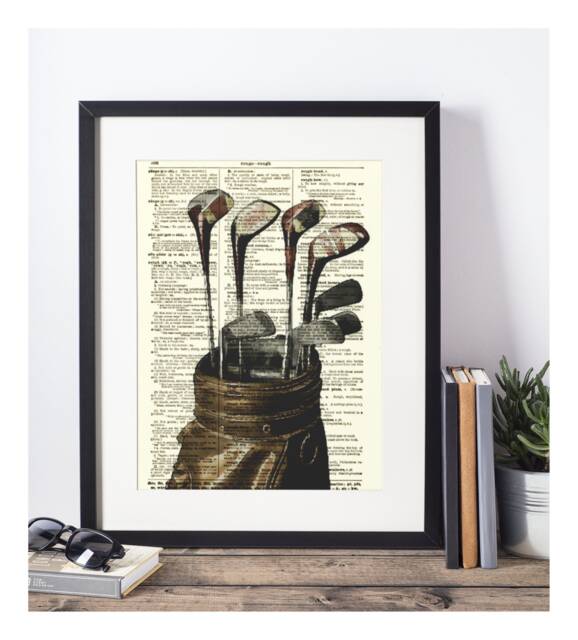 Antique Dictionary Art Print Golf Bag & Clubs Illustration - image 1
