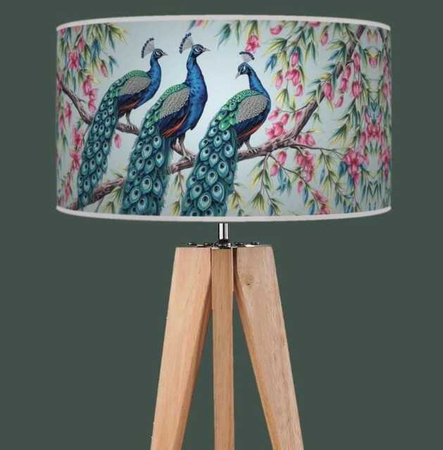 Peacock Tree Lampshade - Elegant Handmade Pendant Drum Bird Print Cylinder Light Shade - image 1
