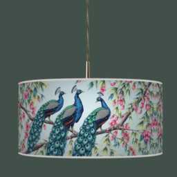 Peacock Tree Lampshade - Elegant Handmade Pendant Drum Bird Print Cylinder Light Shade - thumbnail 3