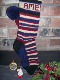 Hand Knit Christmas Stocking Rustic Americana Red Blue Stripes By Santa's Works - thumbnail 1