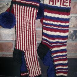 Hand Knit Christmas Stocking Rustic Americana Red Blue Stripes By Santa's Works - thumbnail 2