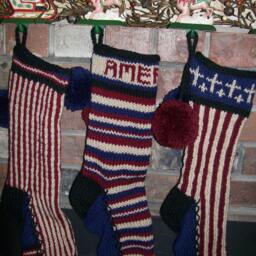 Hand Knit Christmas Stocking Rustic Americana Red Blue Stripes By Santa's Works - thumbnail 3