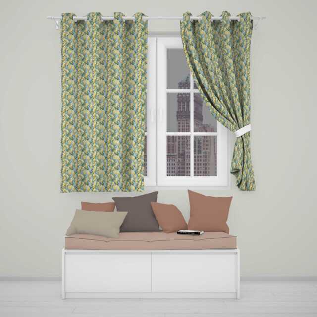 Yellow Garden Flowers Blue Background Seamless Botanical Pattern Readymade Eyelet Ring Top Thermal 100% Blackout Curtains - image 1