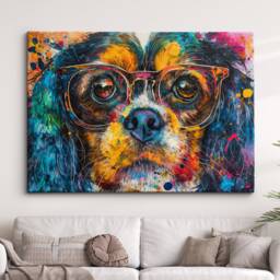 King Charles Spaniel Wearing Glasses Painting Framed Poster Print & Canvas Wall Decor Art Home Living Room Dog Gift Idea Pet