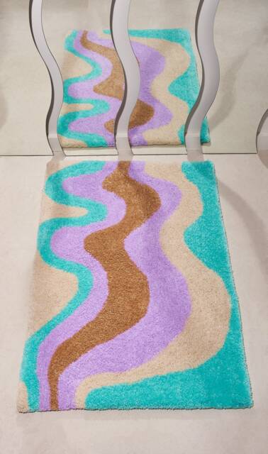 Handmade Tufted Rug in Wavy Lavender, White, Teal, Brown Design, Retro 70S Style, Accent Rug, Area Rug - image 1