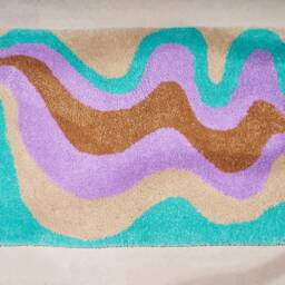 Handmade Tufted Rug in Wavy Lavender, White, Teal, Brown Design, Retro 70S Style, Accent Rug, Area Rug - thumbnail 2