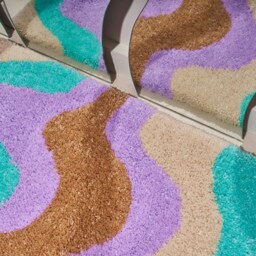 Handmade Tufted Rug in Wavy Lavender, White, Teal, Brown Design, Retro 70S Style, Accent Rug, Area Rug - thumbnail 3