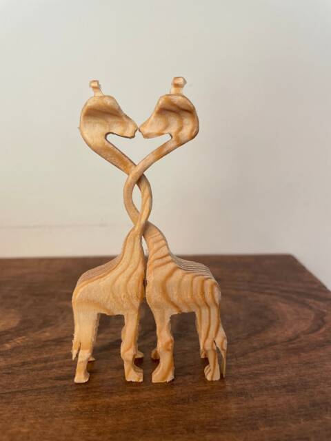 Kissing Giraffes Miniature Wood Carving Hand Carved Carolina Pine - image 1