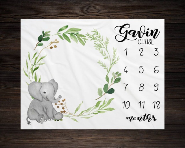 Elephant Milestone Blanket Monthly Growth Tracker Personalized Soft Fleece Baby Shower Gift Newborn Watch Me Grow Boy - image 1