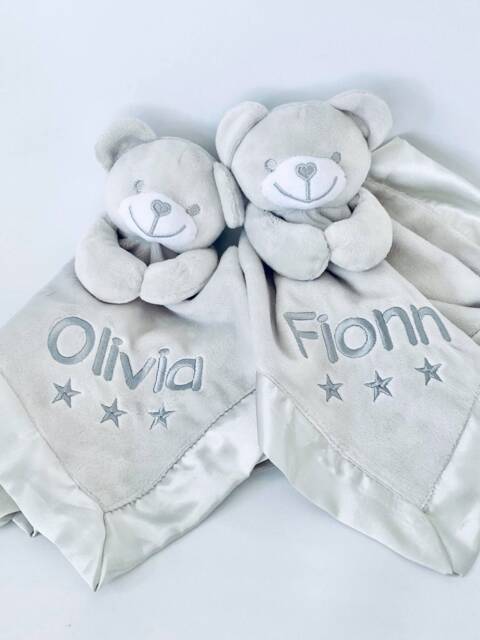 Personalised Grey Baby Comforter, Teddy Bear Comfort Blanket, New Baby Gift, Boys & Girls Snuggle Teddy, Silk Backing - image 1