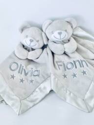 Personalised Grey Baby Comforter, Teddy Bear Comfort Blanket, New Baby Gift, Boys & Girls Snuggle Teddy, Silk Backing