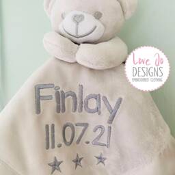 Personalised Grey Baby Comforter, Teddy Bear Comfort Blanket, New Baby Gift, Boys & Girls Snuggle Teddy, Silk Backing - thumbnail 2