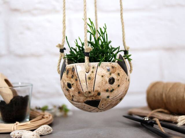 Handmade Cat Hanging Planter Speckled Ceramic Succulent Pot - image 1